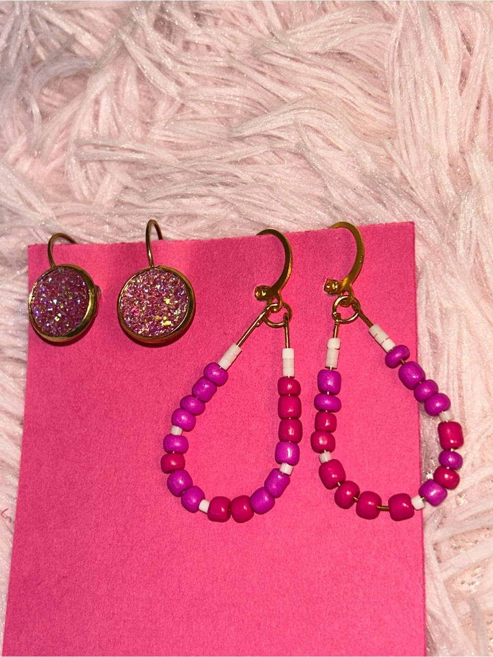 Hot Pink & White Beaded Hoop set | Handmade